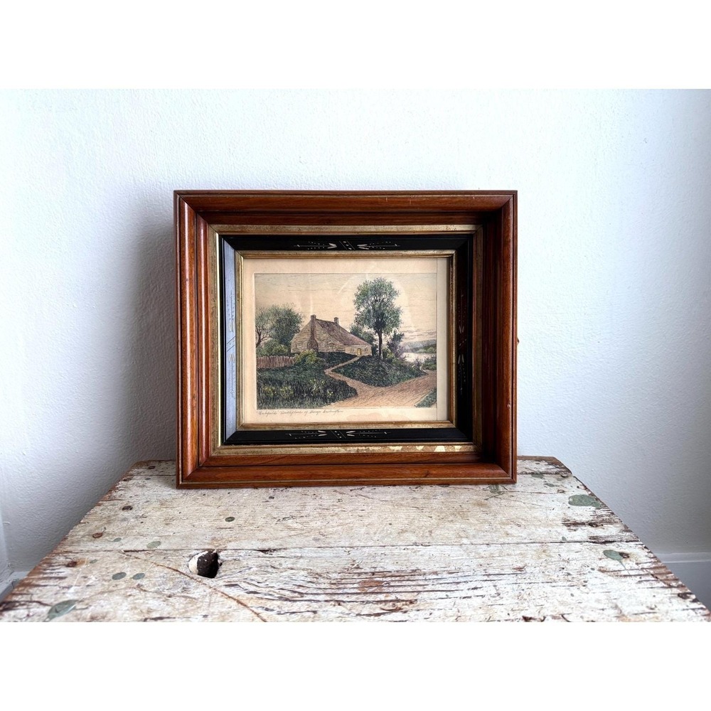 Antique Wakefield Birthplace of George Washington Etching Print, Signed, Framed